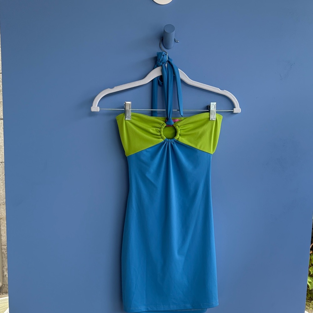 Edikted Blue and Green Mini Halter Dress